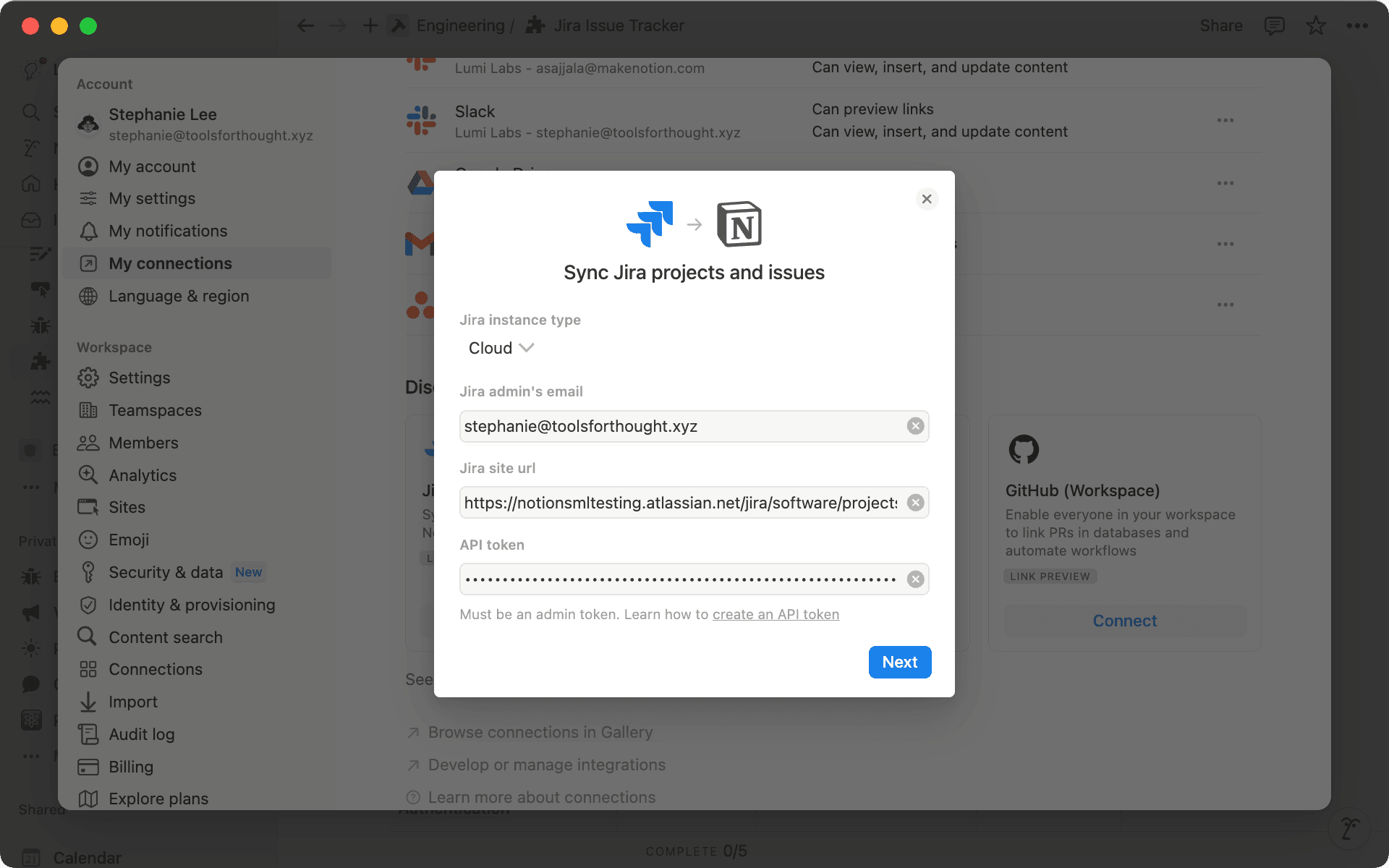 Jira同期を設定するには、あなたがワークスペースオーナーとJira管理者を兼任している場合、APIトークンを作成する必要があります
