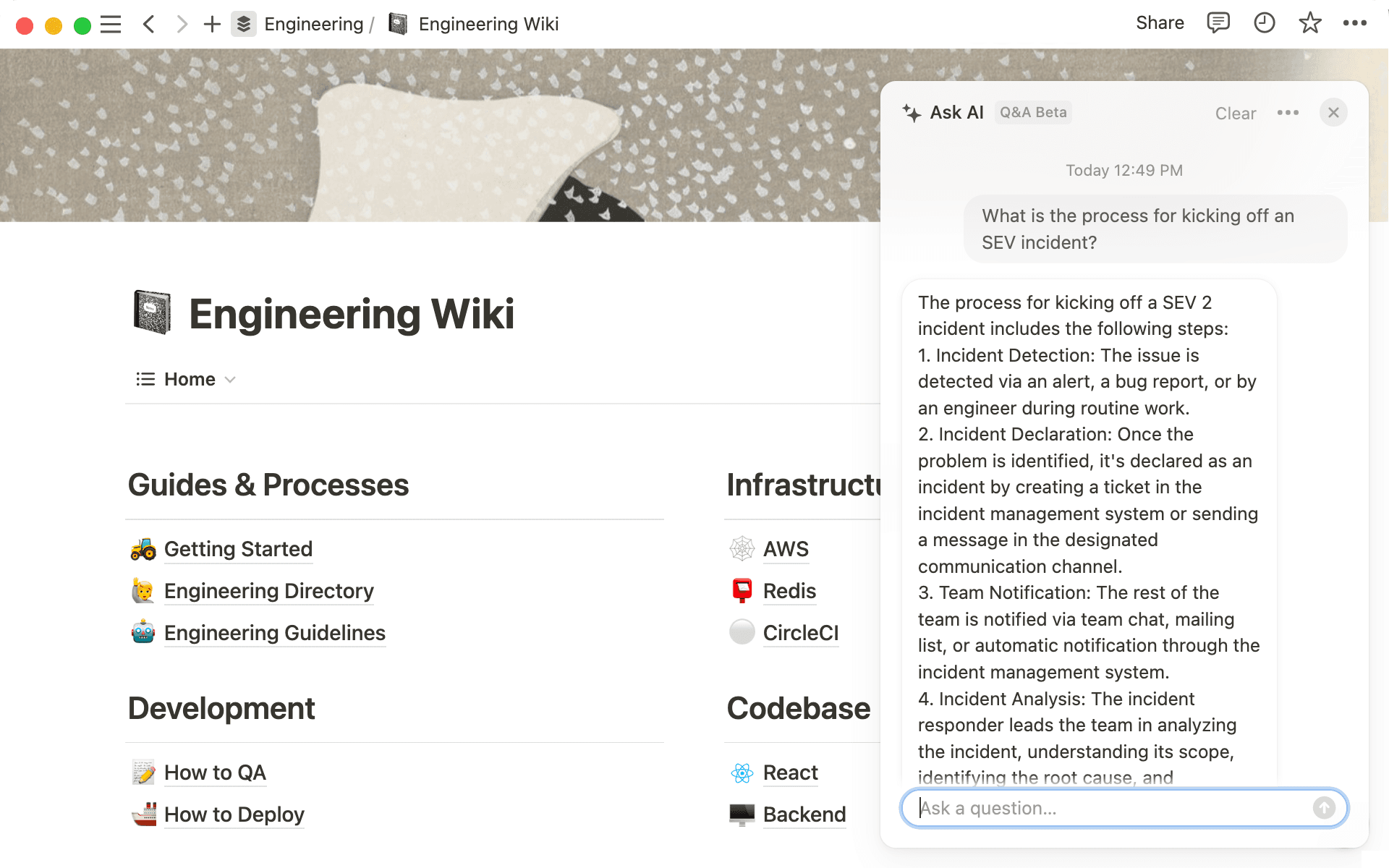 エンジニアリングWikiがNotionにあれば、Q&Aに分からないことを聞けば必要な情報を提供してくれるため、仕事がはかどります。