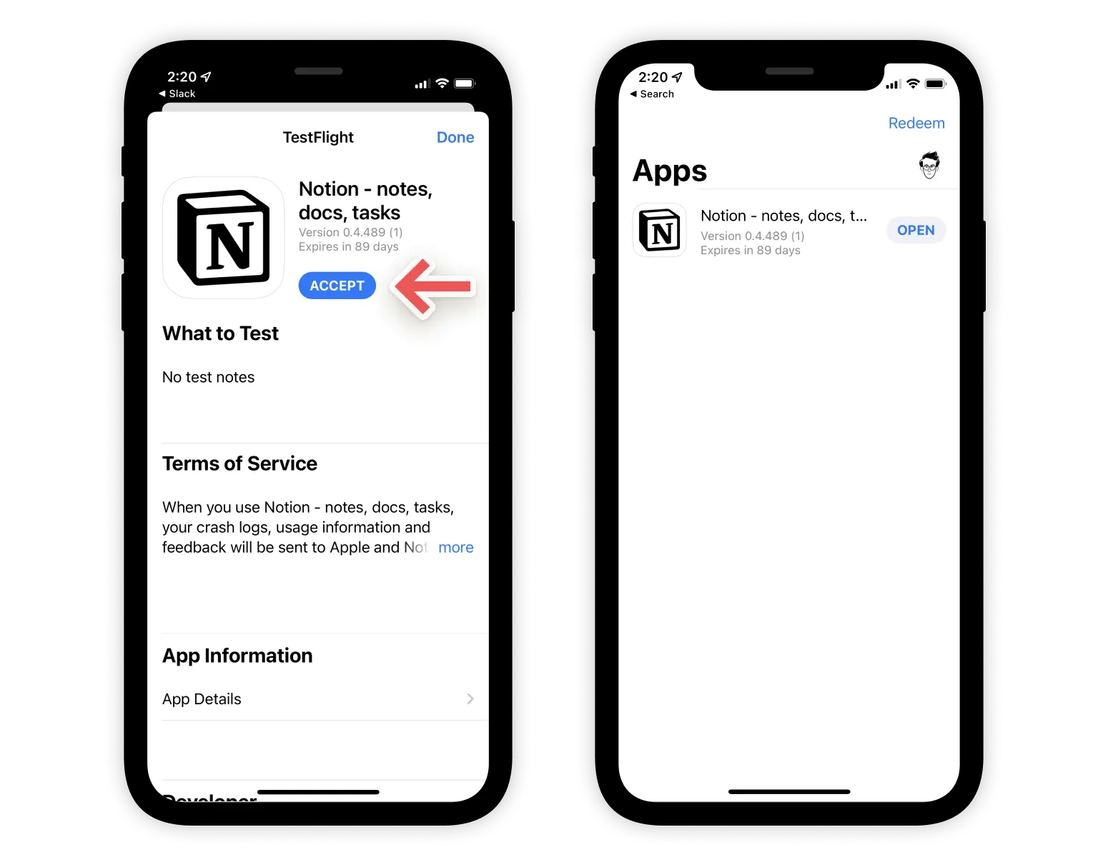 TestFlightを使用してNotionのiOSベータにサインアップするプロセスのスクリーンショット。