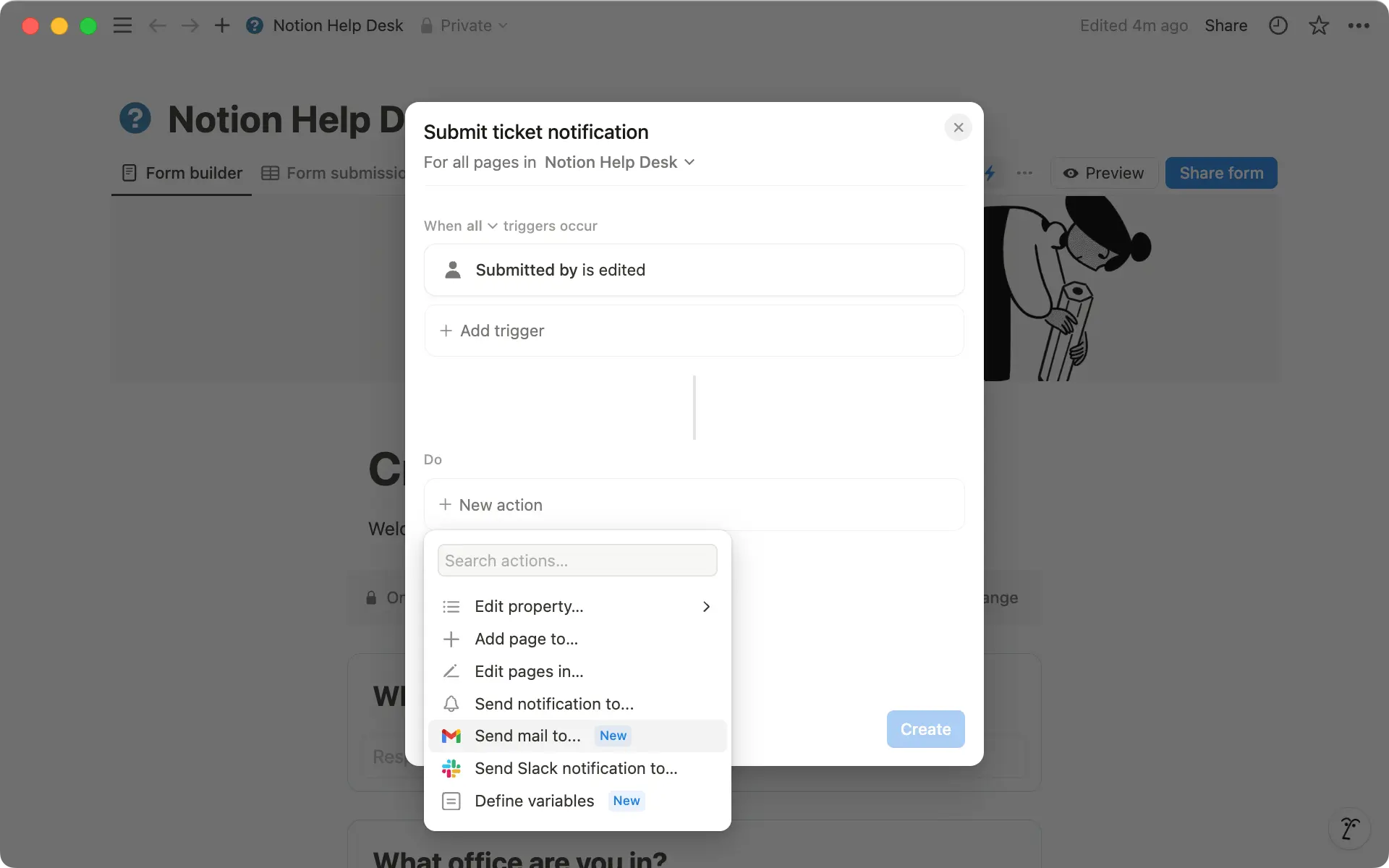 オートメーションのアクションセクションでSlackまたはGmailのいずれかを選択し、カスタム通知を送信します。