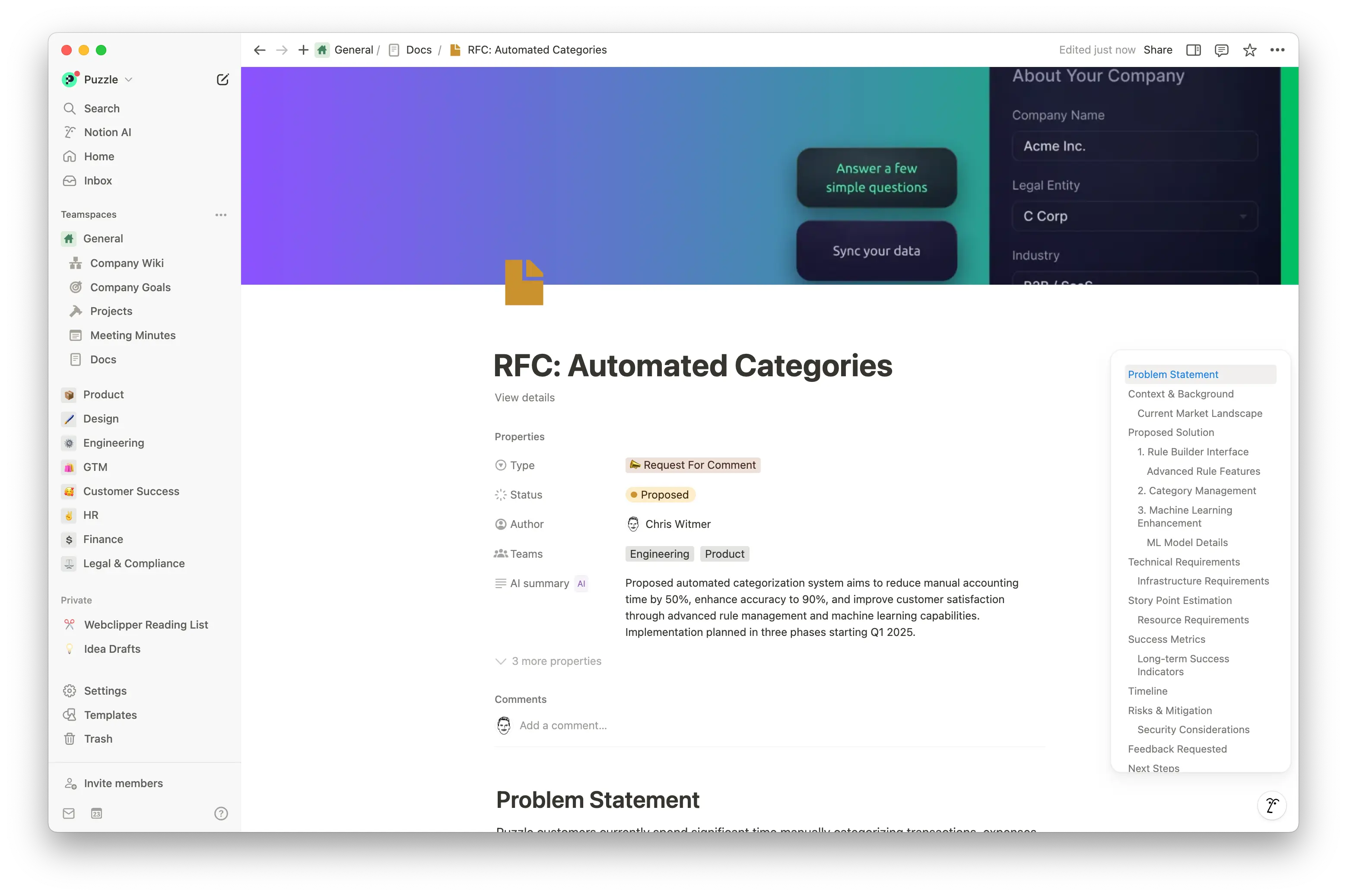 Notion内のRFC(Request for Comment)ドキュメントは、明確な様式、リアルタイムのコラボレーション、文書や決定事項へのシームレスな参照リンクを含めることにより、フィードバックを整理し、実装を高速化します。