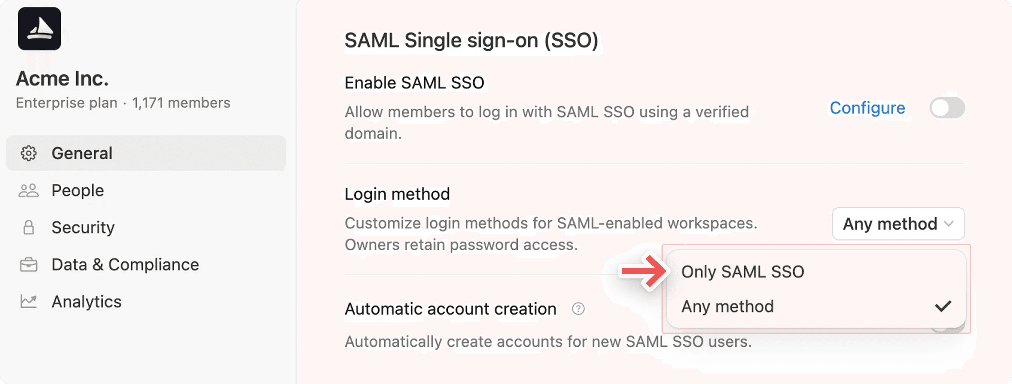 hc:SAML SSO強制組織コンソール