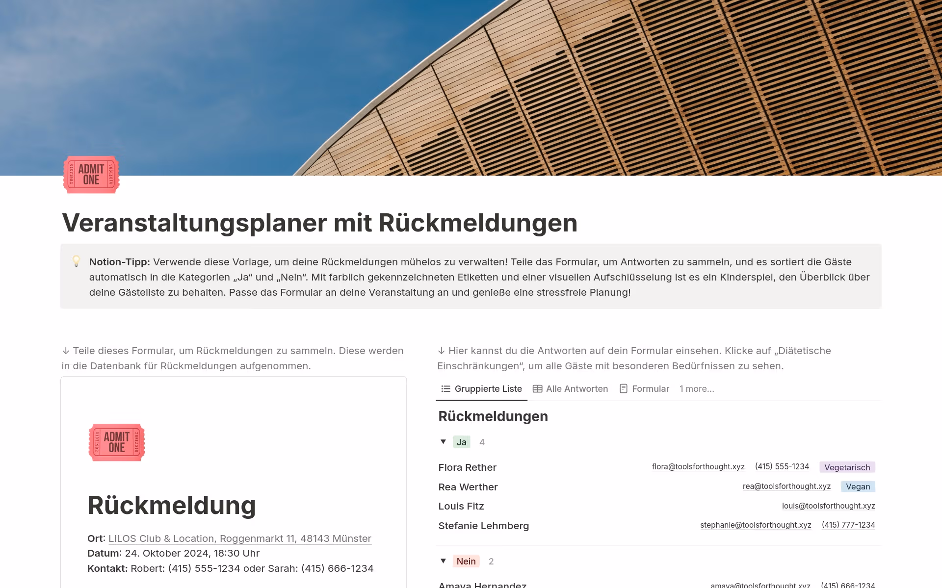 Eine Vorlagenvorschau für Veranstaltungsplaner mit Rückmeldungen